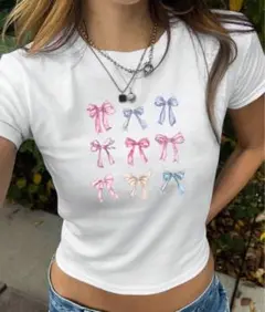 リボンプリント ホワイト Tシャツ 半袖