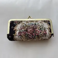 アンティーク調　花柄刺繍 がま口　鏡付き　化粧ポーチ　ゴールド金具