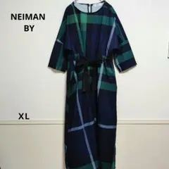 NEIMAN BY ネイビーグリーン チェック ロング ワンピース 五分袖 XL