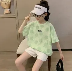 110cm グリーン 緑 キッズ 子供服 Tシャツ プリント柄 うさぎ柄