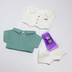 10cmぬい用 ぬい服 ホワイトセットアップ+カラーシャツ アイスグリーン
