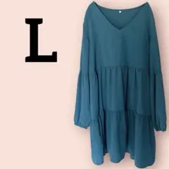 美品✨ 【L】グリーン Vネック 長袖フリルチュニック