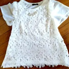 レース装飾フリル袖ホワイトTシャツ