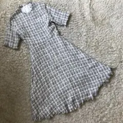 〈 SHIHUA 〉半袖 ツイード S 裾フリンジ ワンピース かわいい 上品