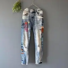 ザラ［30］美品✨ペイント柄　グラフィティアート　ダメージ加工　ストレートデニム