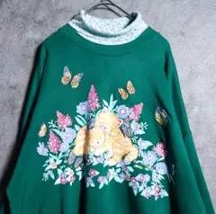 USA製 vintage グリーン 猫 花 プリント モックネックスウェット