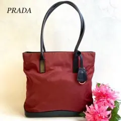 良品✨プラダ トートバッグ チャームホルダー ロゴ型押し ナイロン レッド