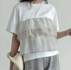 チュール フリル ドッキング 半袖Tシャツ ホワイト オーガンジー 韓国 新品
