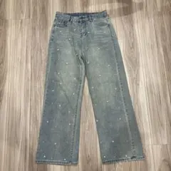 パール装飾 ライトブルー デニム ワイドレッグパンツ