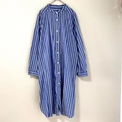 ◉協同組合関西…　バンドネックシャツワンピース　長袖　青×スタライプ　S