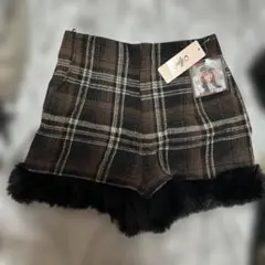 未使用 ファー付きブラウンチェックショートパンツ Mサイズ