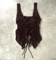 ZARA リボン付き ギャザートップス ブラウン レース タンクトップ キャミ