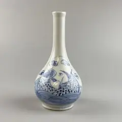 李朝 鹿 鶴 兎 亀 竹 梅 分院 朝鮮 骨董品 花瓶 壺 陶器 染付 染め付け 李朝 鶴首花入 分院 染付け 韓国 朝鮮 古美術 骨董 蝙蝠牡丹文
