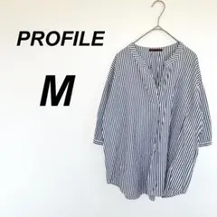 プロフィール　ストライプ　ノーカラーシャツ　M 綿100 オフィス　通勤