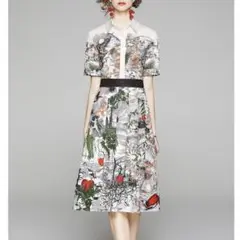 美品❤ 総柄シャツプリーツワンピース 半袖 ロング丈 ボタニカル柄 Aライン