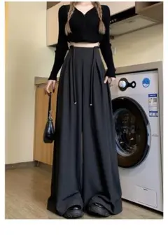 XL タック カジュアル ロング ブラック ワイド シンプル パンツ 足長