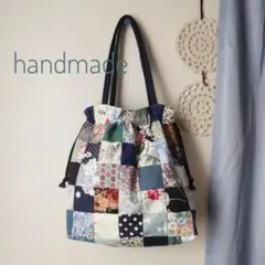 ハンドメイド　パッチワーク　巾着トートバッグ　青　花柄
