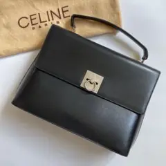 セリーヌ ハンドバッグ ボックスカーフ レザー ロゴ刻印 チャーム 金具 黒