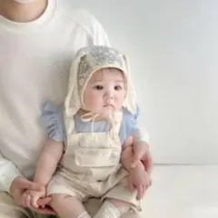 ベビーレース　日焼け　メッシュラビット帽子 新生児　バブーシュカ　うさ耳　生成り