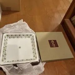 白と緑の装飾 皿 22cm 専用箱付き