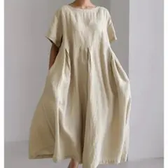 ふんわりリネン ワンピース M ベージュ ゆったり 体型カバー