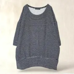 七分袖トップス　ドロップショルダー【F】紺　ボーダー柄　ゆったり　体型カバー
