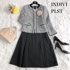 売約済INDIVI ノーカラージャケット ツイード PLST フレアスカート 黒