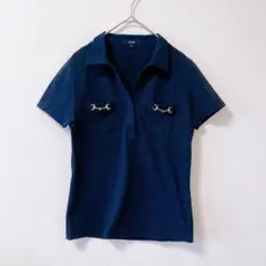 ☆ロペROPE　半袖スキッパーカットソー　M　ストレッチ　ネイビー　3662