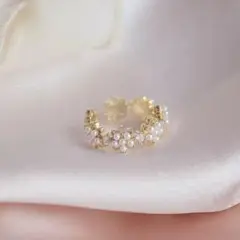 084C☆【淡水パール】フリーリング　花　ジルコニア　真鍮　ゴールドコート　白