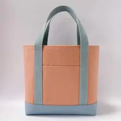 ライトオレンジ＆スカイブルー　帆布　ハンドメイド　トートバッグ　ファスナー付き☆