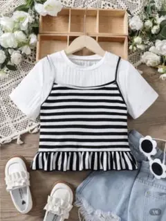 女の子　子供服　ストライプ フリル付き Tシャツ