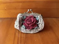 ハンドメイド 茶色 がま口ファッション小物 グラニースクエア バラ 赤