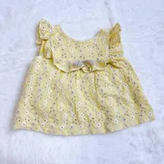 【美品】petitmainレースイエロータッセル付きフリルノースリーブ90cm