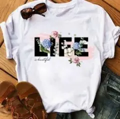 【高見え】レディース　シンプル　LIFE　英文字　ＸＬ　ホワイト
