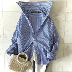 美品 ラルフローレンスポーツ ストライプコットンシャツ ポニー刺繍 ブルー 綿