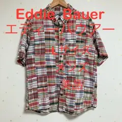 Eddie Bauer チェック パッチワーク 半袖 ボタンダウン シャツ L