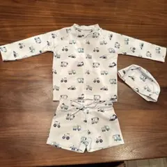 キッズ　ベビー　男の子　水着　乗り物　帽子付き　３点セット　白　90cm