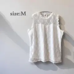 ノースリーブカットソー　総レース　トップス　透け感　ホワイト　綺麗め　白　透け感