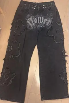 ダメージ加工 ブラックデニムパンツ　かてぃ