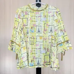 【美品】Jocomomola ホコモモラ 花柄7分袖ブラウス シャツ　透け感 黄