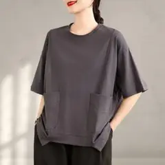 Tシャツ レディース オシャレデザインI 大きなポケット 無地 カジュアル
