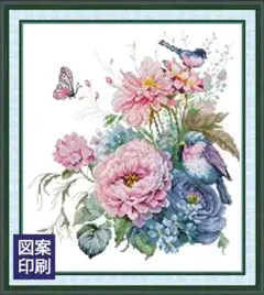 【16ct】クロスステッチキット　夏花と小鳥(図案印刷あり)