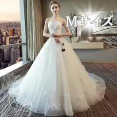 大人気　ウエディングドレス　結婚式　韓国　ホワイト　刺繍　レース　Aライン　M