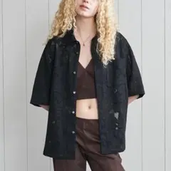 特価 H BEAUTY&YOUTH レースハーフスリーブシャツ ブラック 半袖