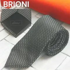 【極美品】希少　ブリオーニ チェック織ジャガードタイ　ブラック×シルバー