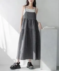 【週末SALE】lowrys farm チェックティアードポコキャミワンピース