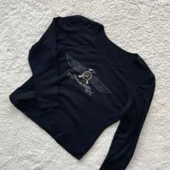 イタリヤ【M】フロント 刺繍入り ブラック 長袖 ニット カットソー Uネック