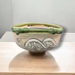 【希少】　古織部　鳴海織部　絵付茶碗　桃山時代　茶道具　織部　美濃　瀬戸　共箱付 希少】 古織部 鳴海織部 絵付茶碗 桃山時代 茶道具 織部 美濃
