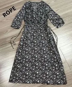 ROPE✴花柄　七分袖　ロングワンピース　ブラウン