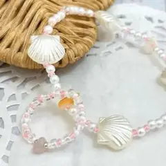 貝殻としずくの海辺ブレスレット ハンドメイド　ビーズブレスレット　パール　ピンク